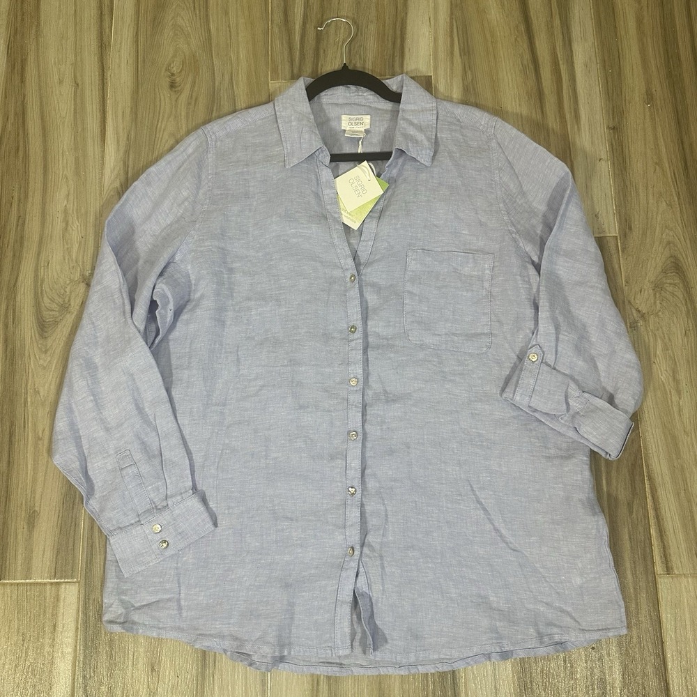 Sigrid Olsen Shirt Womens Blue Linen XL Top Minimalist Natural Coastal Scandi